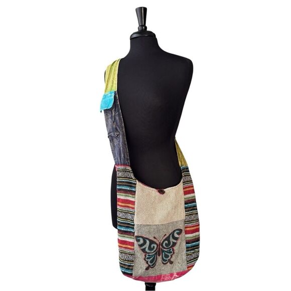 Rising International Cotton Patchwork Butterfly Graphic Hobo Crossbody Sling - Picture 1 of 9